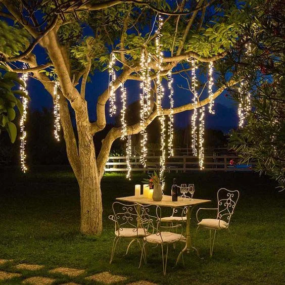 Lights For Garden Hanging String Lights On Trees With Metal Table And Chair
