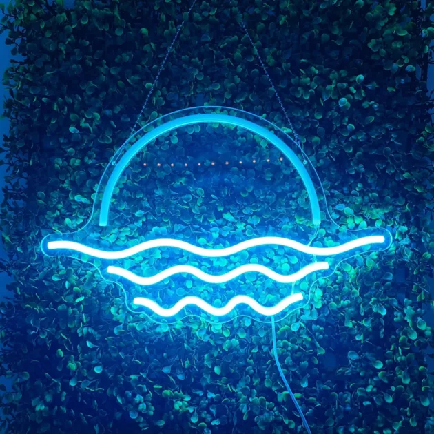 Blue Ledsign Wave Circle Closeup Leaves Backdrop Neon Lights