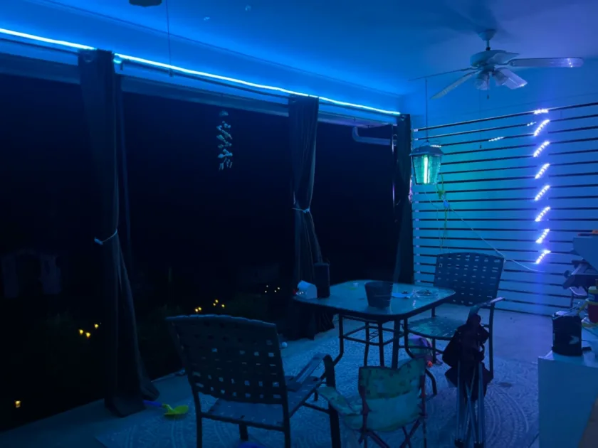 Blue Porch Curtains Ceiling Fan Table Chair Angle View Led Rope Lights