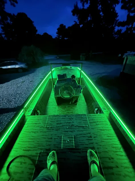 Green Boat Closeup Night Dark Top Angle View Led Rope Lights