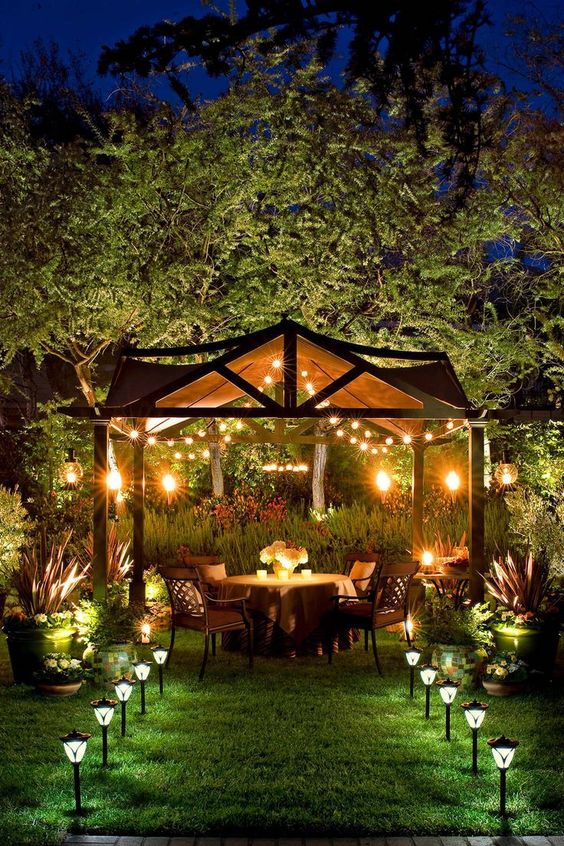 Lights For Garden Pathway Garden Stick Lamps And String Lights On Shed With Table Setup