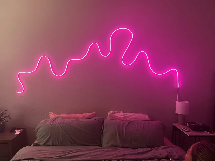 Pink Curly Closeup Wall Mounted Lamp Bed Angle View Led Rope Lights