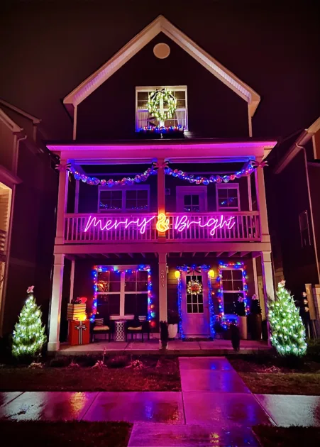 Purple Merry Bright Housefront Outdoors Bottom Angle View Led Rope Lights