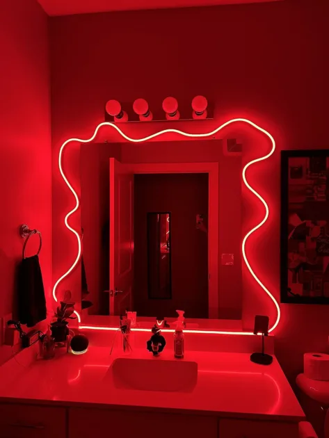 Red Bathroom Sink Toilet Paper Mirror Angle View Led Rope Lights
