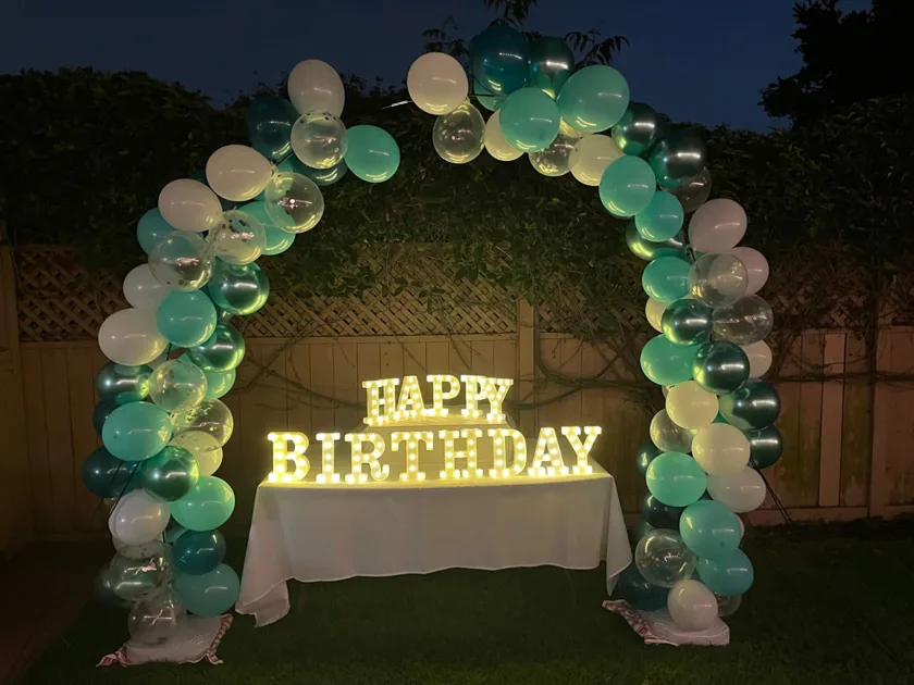 Warm Baloon Arch Happy Birthday Marquee Lights