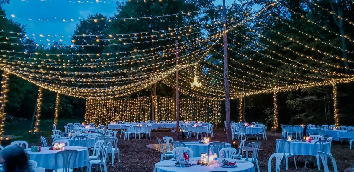 Warm Fairylights Tent Sky Trees Round Tables Lights For Outdoor Party
