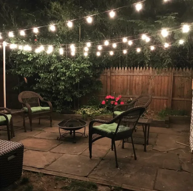 White Stringlights Backyard Wooden Fence Night Outdoor String Lights