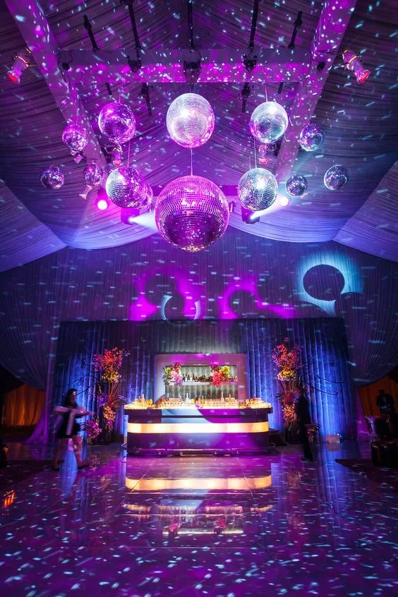 Party Lights Disco Balls And Blue Purple Lights Party Dance Floor