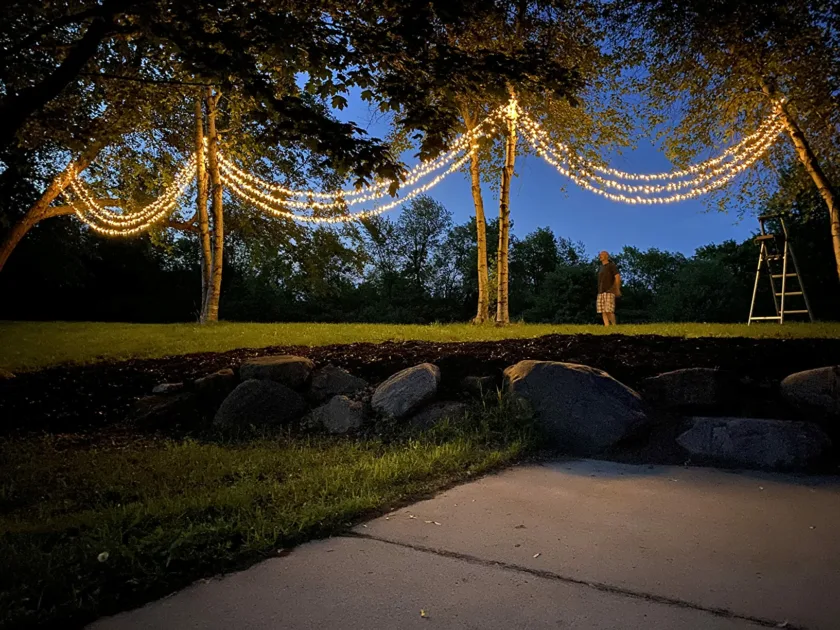 Warm Stringlights Trees Stone Man Night Sky Bottom Angle View Outdoor Lights For Wedding