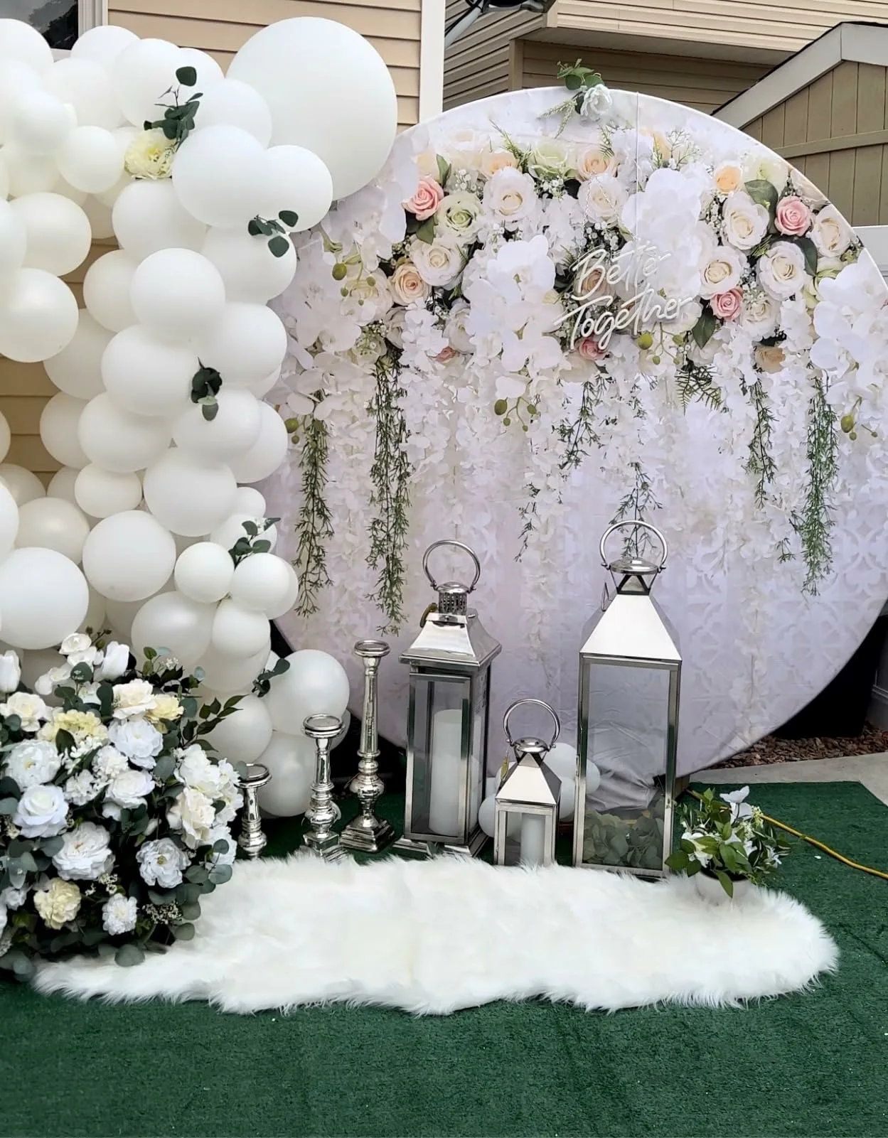White Ledsign Better Together Silver Lamp White Fur Green Grass Mat Angle View Outdoor Lights For Wedding